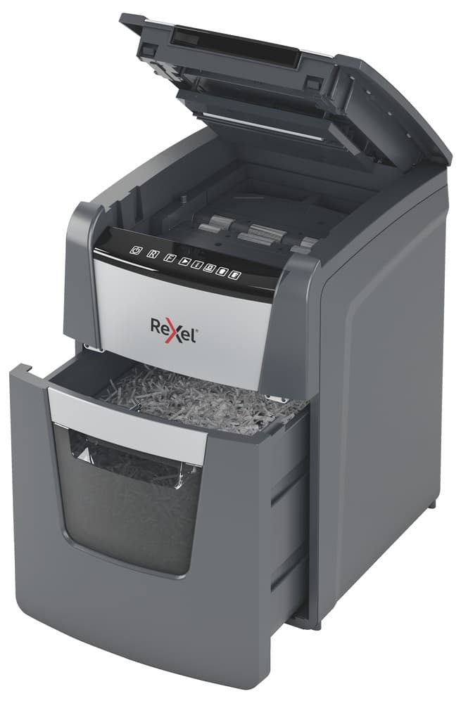 Distrugator automat documente Rexel OPTIMUM 100X, 100 coli, P4, cross-cut (tip confeti), cos 34 litri, negru-gri, "2020100XEU" — miniatură