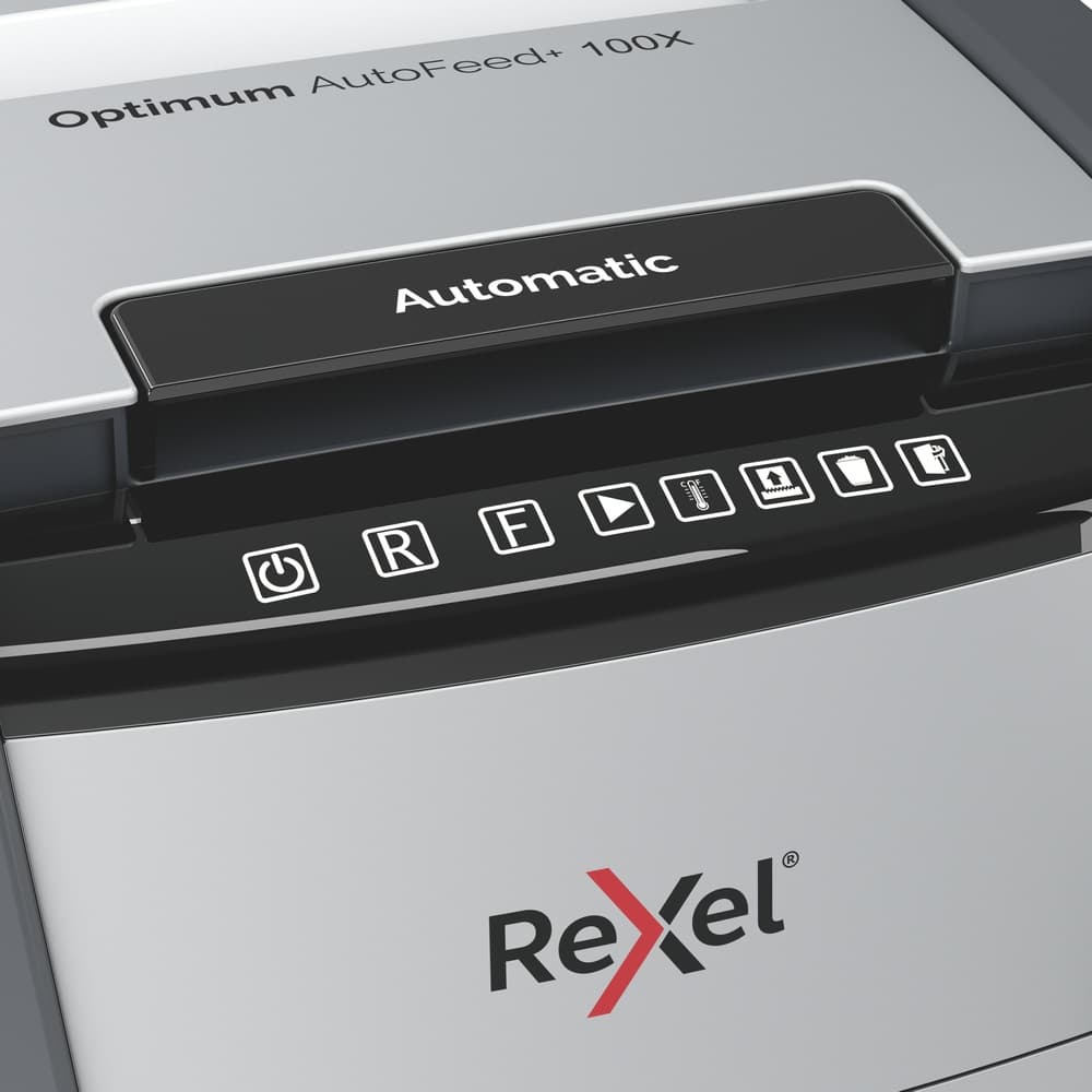 Distrugator automat documente Rexel OPTIMUM 100X, 100 coli, P4, cross-cut (tip confeti), cos 34 litri, negru-gri, "2020100XEU" — miniatură