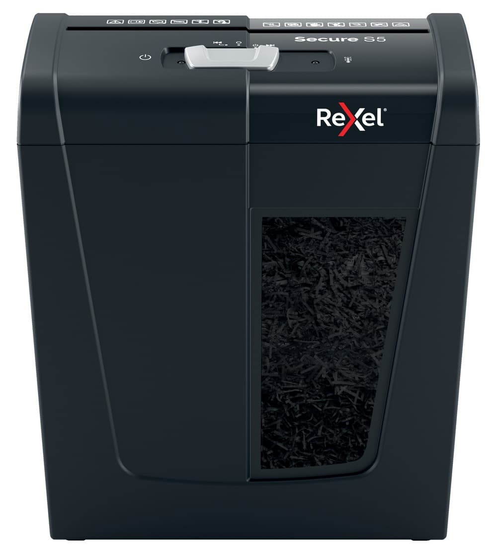 Distrugator manual documente Rexel SECURE S5, 5 coli, P2, strip-cut (tip fasii), cos 10 litri, negru, "2020121EU" — miniatură