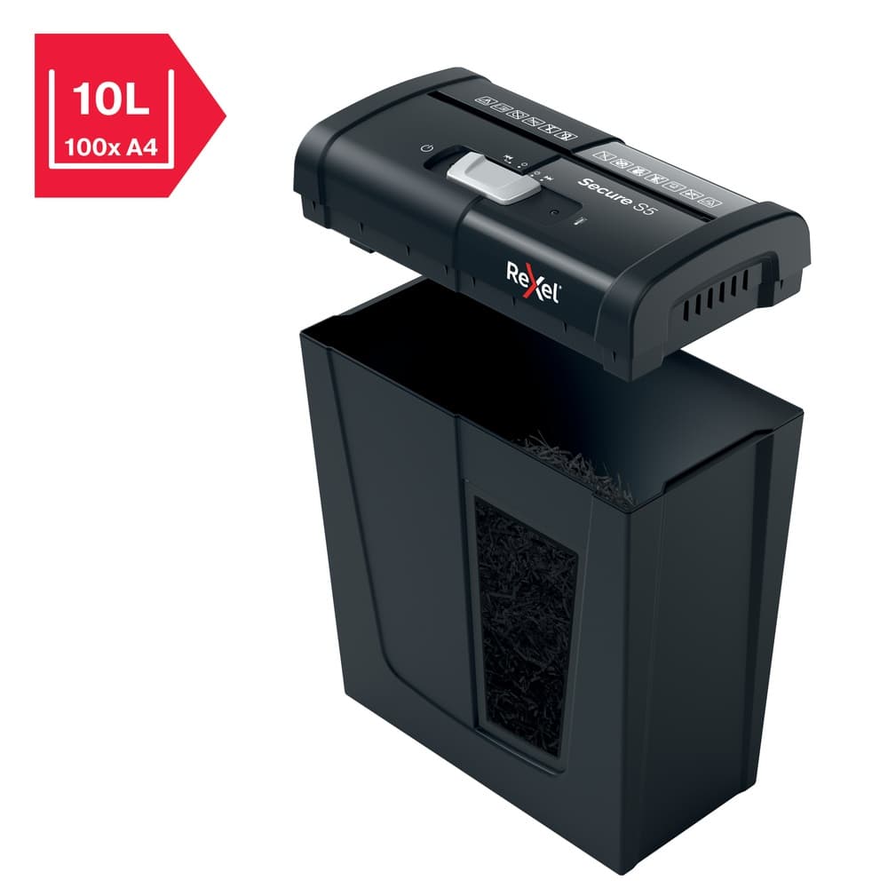 Distrugator manual documente Rexel SECURE S5, 5 coli, P2, strip-cut (tip fasii), cos 10 litri, negru, "2020121EU" — miniatură