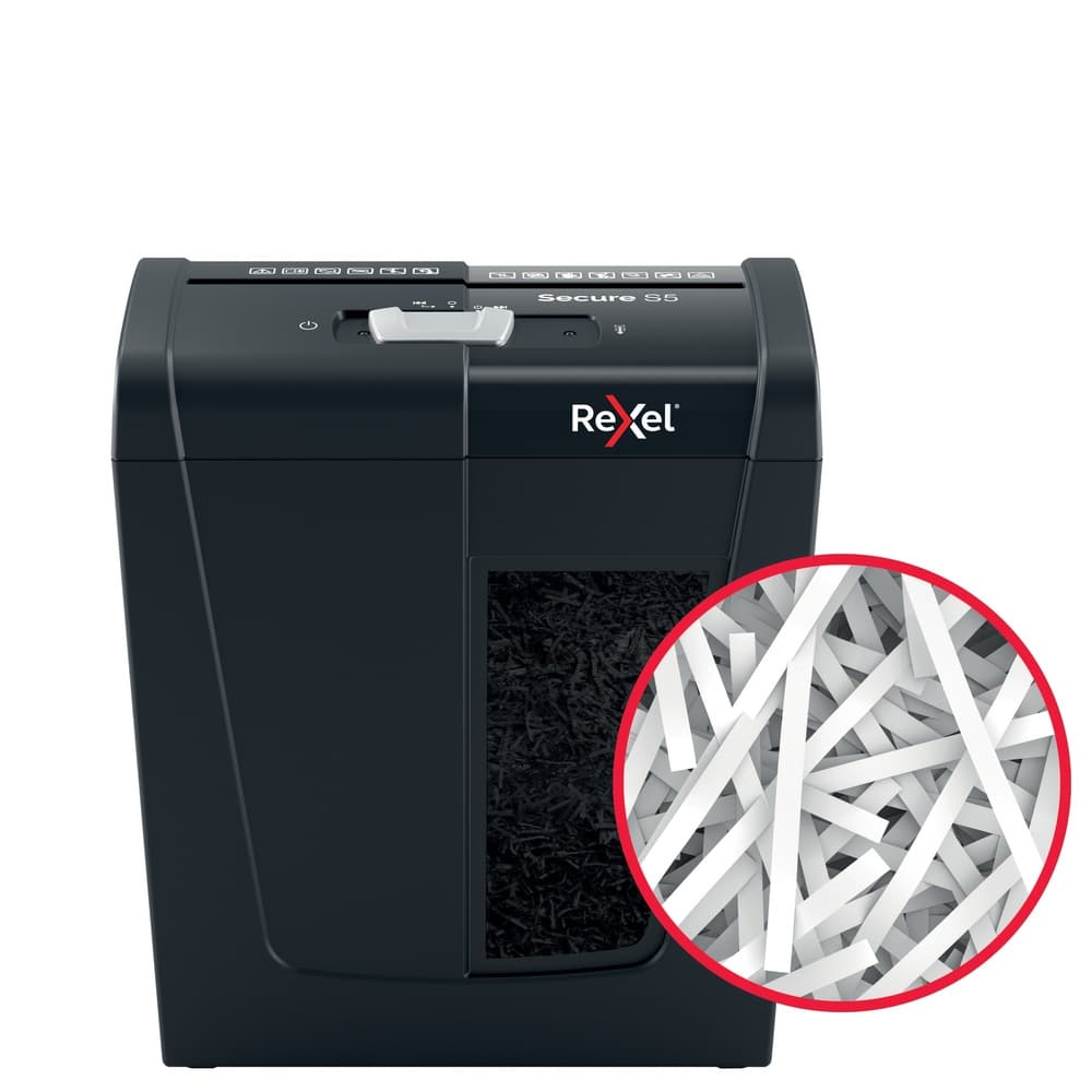 Distrugator manual documente Rexel SECURE S5, 5 coli, P2, strip-cut (tip fasii), cos 10 litri, negru, "2020121EU" — miniatură