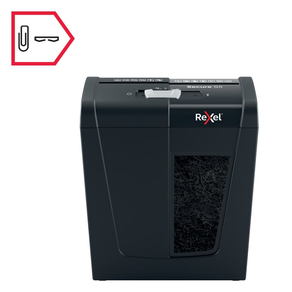 Distrugator manual documente Rexel SECURE S5, 5 coli, P2, strip-cut (tip fasii), cos 10 litri, negru, "2020121EU" — miniatură