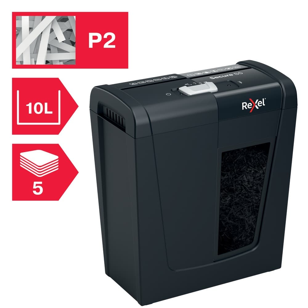 Distrugator manual documente Rexel SECURE S5, 5 coli, P2, strip-cut (tip fasii), cos 10 litri, negru, "2020121EU" — miniatură