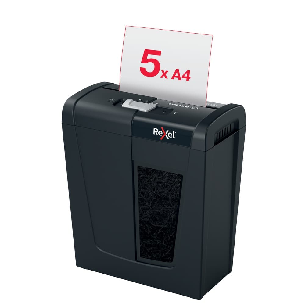Distrugator manual documente Rexel SECURE S5, 5 coli, P2, strip-cut (tip fasii), cos 10 litri, negru, "2020121EU" — miniatură