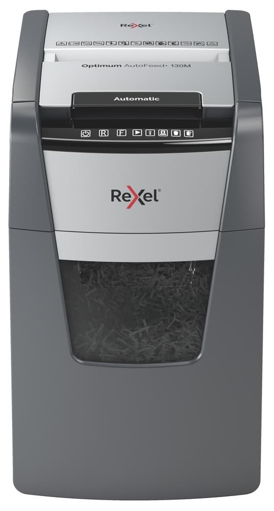 Distrugator automat documente Rexel OPTIMUM 130M, 130 coli, P5, micro-cut (tip particule), cos 44 litri, negru-gri, "2020130MEU" — miniatură