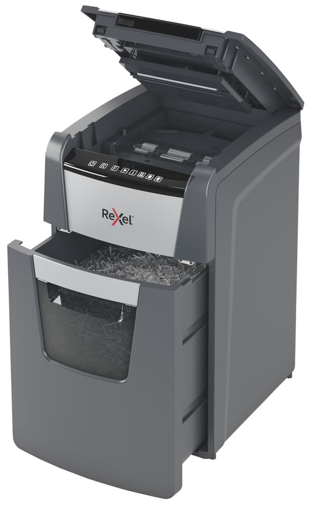 Distrugator automat documente Rexel OPTIMUM 130M, 130 coli, P5, micro-cut (tip particule), cos 44 litri, negru-gri, "2020130MEU" — miniatură