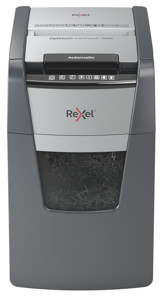 Distrugator automat documente Rexel OPTIMUM 150M, 150 coli, P5, micro-cut (tip particule), cos 44 litri, negru-gri, "2020150MEU" — miniatură