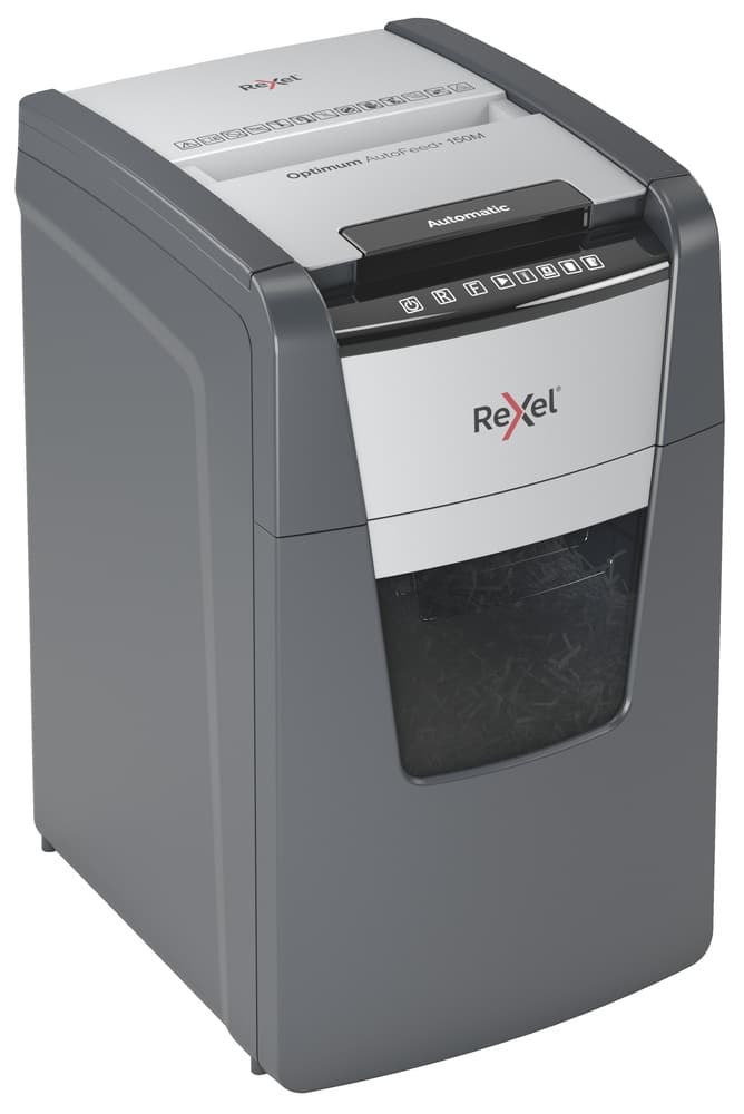 Distrugator automat documente Rexel OPTIMUM 150M, 150 coli, P5, micro-cut (tip particule), cos 44 litri, negru-gri, "2020150MEU" — miniatură