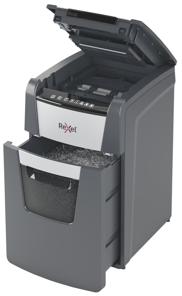 Distrugator automat documente Rexel OPTIMUM 150M, 150 coli, P5, micro-cut (tip particule), cos 44 litri, negru-gri, "2020150MEU" — miniatură