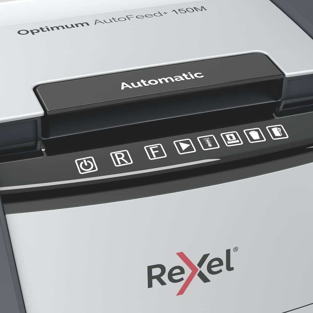 Distrugator automat documente Rexel OPTIMUM 150M, 150 coli, P5, micro-cut (tip particule), cos 44 litri, negru-gri, "2020150MEU" — miniatură