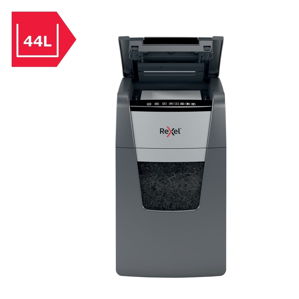 Distrugator automat documente Rexel OPTIMUM 150M, 150 coli, P5, micro-cut (tip particule), cos 44 litri, negru-gri, "2020150MEU" — miniatură