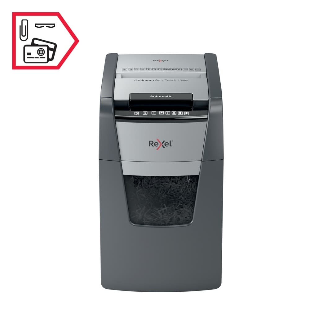 Distrugator automat documente Rexel OPTIMUM 150M, 150 coli, P5, micro-cut (tip particule), cos 44 litri, negru-gri, "2020150MEU" — miniatură