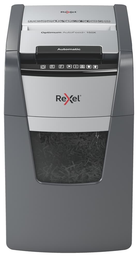 Distrugator automat documente Rexel OPTIMUM 150X, 150 coli, P4, cross-cut (tip confeti), cos 44 litri, negru-gri, "2020150XEU" — miniatură