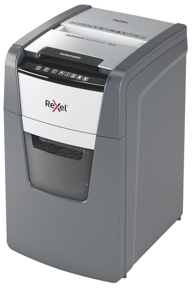 Distrugator automat documente Rexel OPTIMUM 150X, 150 coli, P4, cross-cut (tip confeti), cos 44 litri, negru-gri, "2020150XEU"