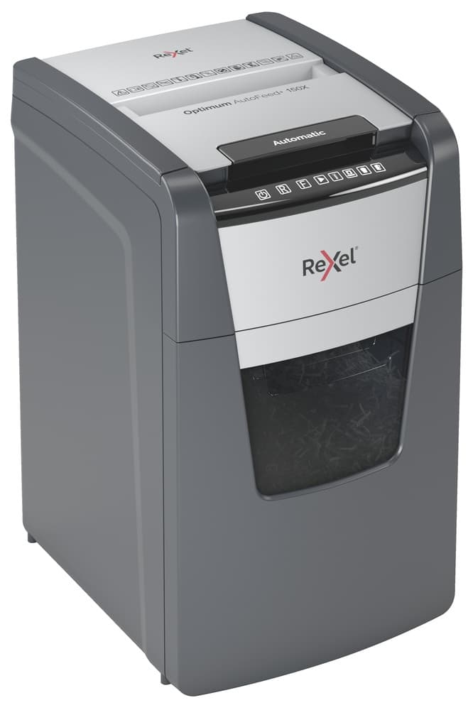 Distrugator automat documente Rexel OPTIMUM 150X, 150 coli, P4, cross-cut (tip confeti), cos 44 litri, negru-gri, "2020150XEU" — miniatură