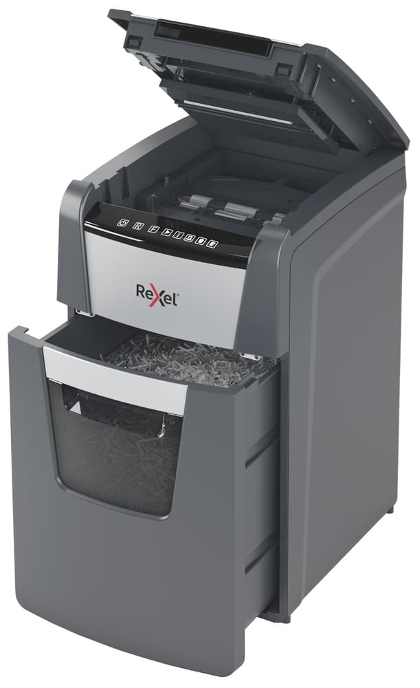 Distrugator automat documente Rexel OPTIMUM 150X, 150 coli, P4, cross-cut (tip confeti), cos 44 litri, negru-gri, "2020150XEU" — miniatură