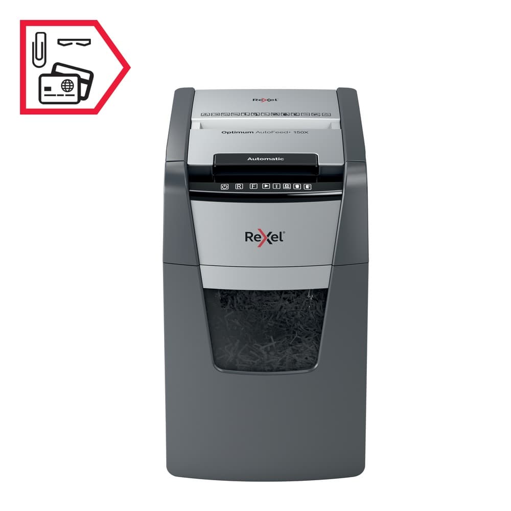 Distrugator automat documente Rexel OPTIMUM 150X, 150 coli, P4, cross-cut (tip confeti), cos 44 litri, negru-gri, "2020150XEU" — miniatură