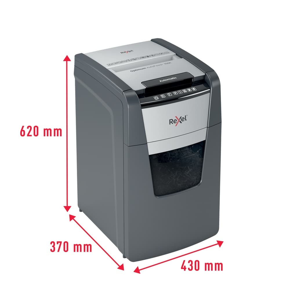 Distrugator automat documente Rexel OPTIMUM 150X, 150 coli, P4, cross-cut (tip confeti), cos 44 litri, negru-gri, "2020150XEU" — miniatură
