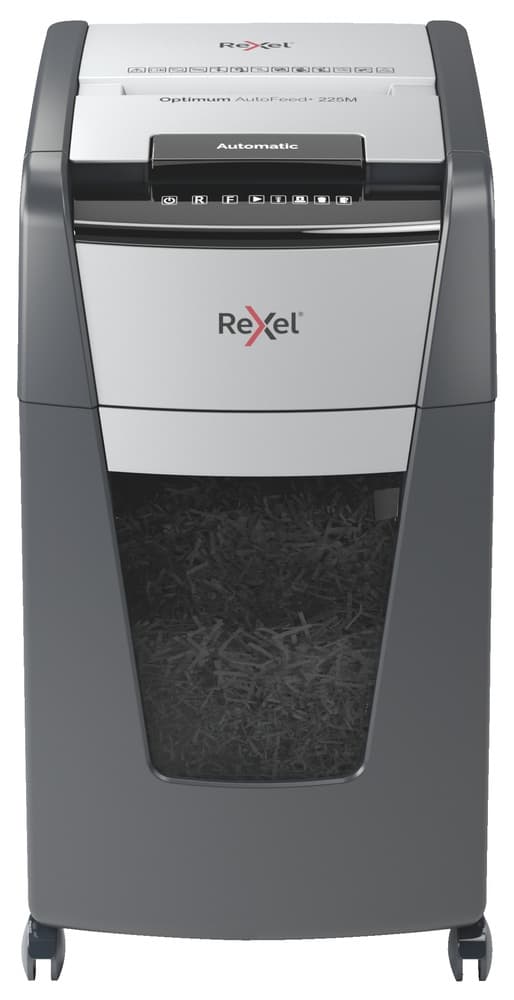 Distrugator automat documente Rexel OPTIMUM 225M, 225 coli, P5, micro-cut (tip particule), cos 60 litri, negru-gri, "2020225MEU" — miniatură