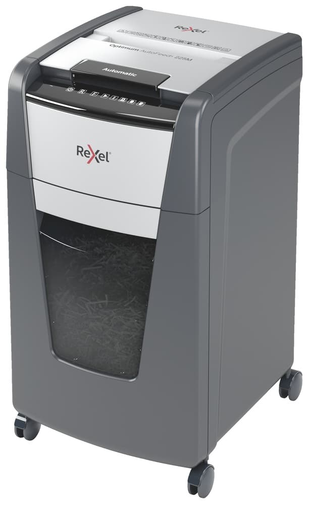 Distrugator automat documente Rexel OPTIMUM 225M, 225 coli, P5, micro-cut (tip particule), cos 60 litri, negru-gri, "2020225MEU"