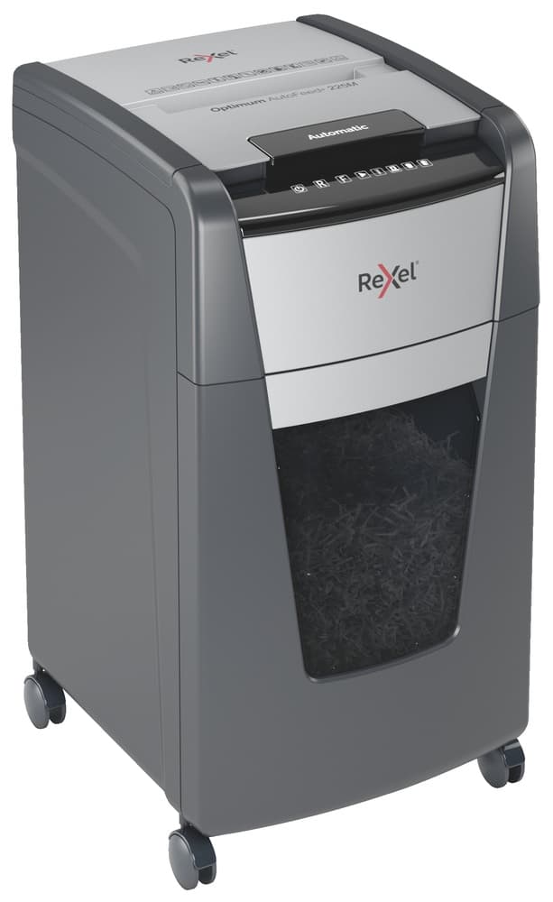 Distrugator automat documente Rexel OPTIMUM 225M, 225 coli, P5, micro-cut (tip particule), cos 60 litri, negru-gri, "2020225MEU" — miniatură