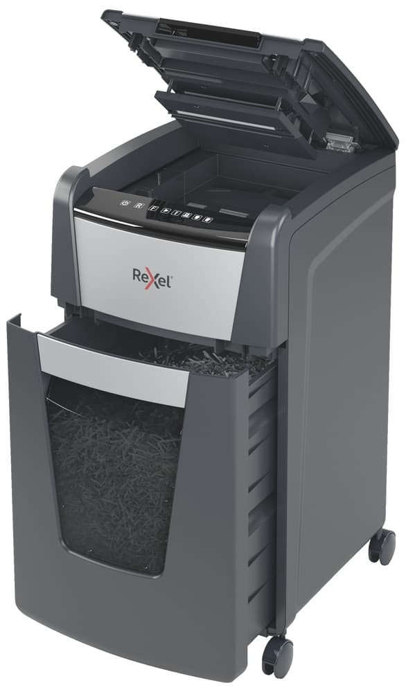 Distrugator automat documente Rexel OPTIMUM 225M, 225 coli, P5, micro-cut (tip particule), cos 60 litri, negru-gri, "2020225MEU" — miniatură