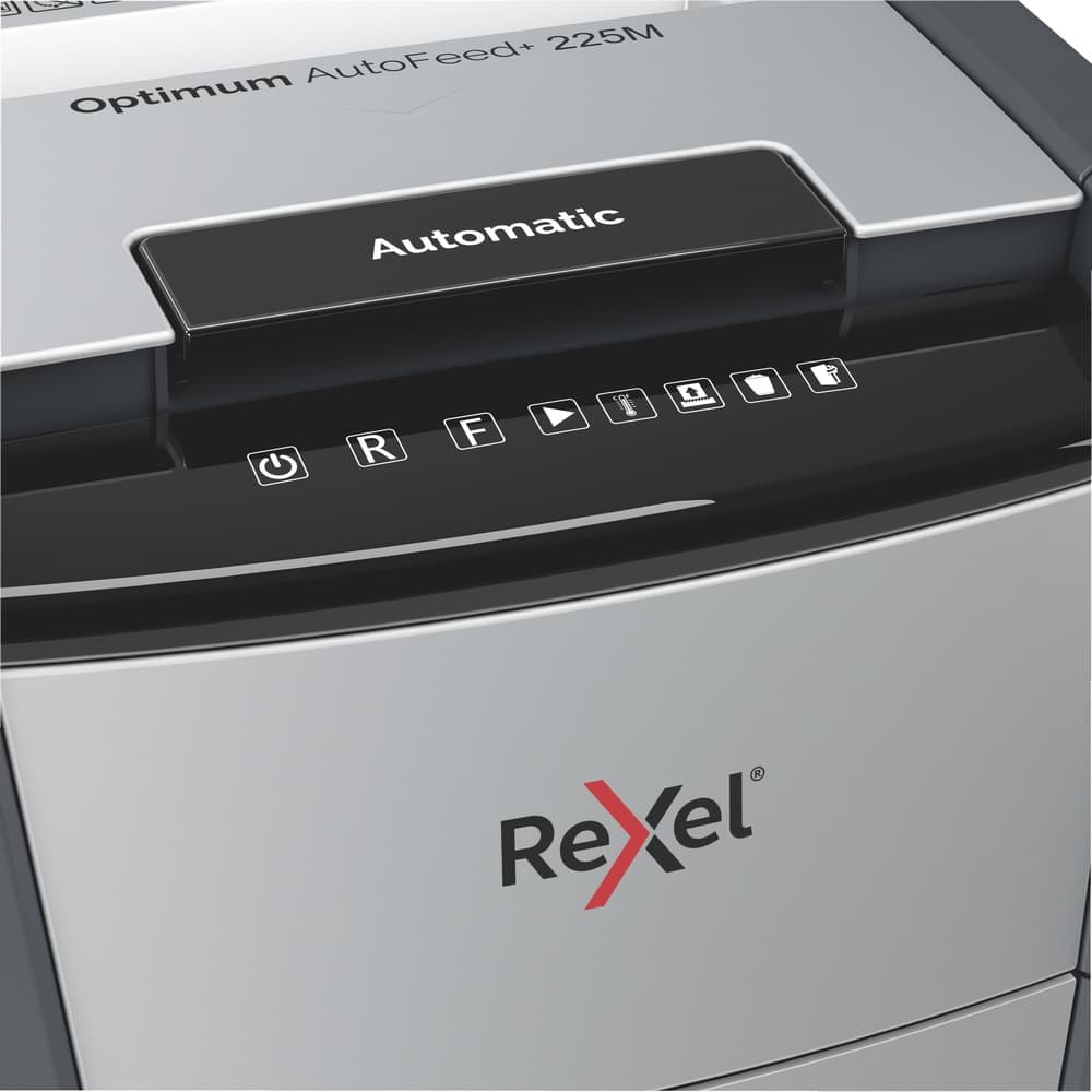 Distrugator automat documente Rexel OPTIMUM 225M, 225 coli, P5, micro-cut (tip particule), cos 60 litri, negru-gri, "2020225MEU" — miniatură