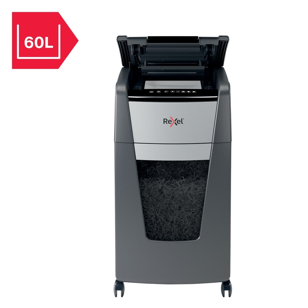 Distrugator automat documente Rexel OPTIMUM 225M, 225 coli, P5, micro-cut (tip particule), cos 60 litri, negru-gri, "2020225MEU" — miniatură