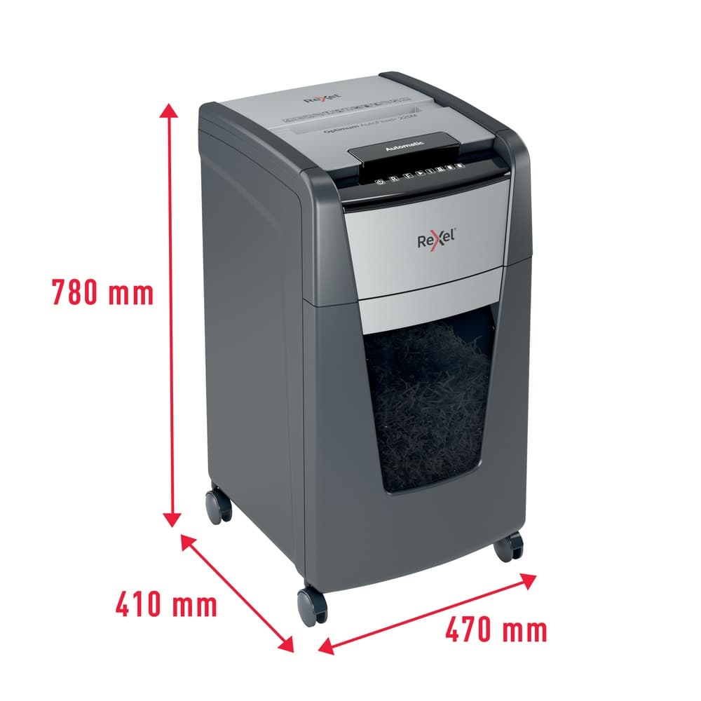 Distrugator automat documente Rexel OPTIMUM 225M, 225 coli, P5, micro-cut (tip particule), cos 60 litri, negru-gri, "2020225MEU" — miniatură