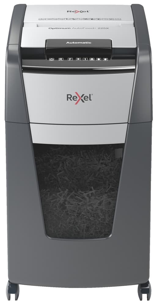 Distrugator automat documente Rexel OPTIMUM 225X, 225 coli, P4, cross-cut (tip confeti), cos 60 litri, negru-gri, "2020225XEU" — miniatură