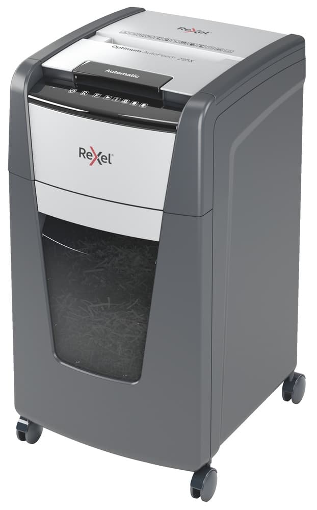 Distrugator automat documente Rexel OPTIMUM 225X, 225 coli, P4, cross-cut (tip confeti), cos 60 litri, negru-gri, "2020225XEU"