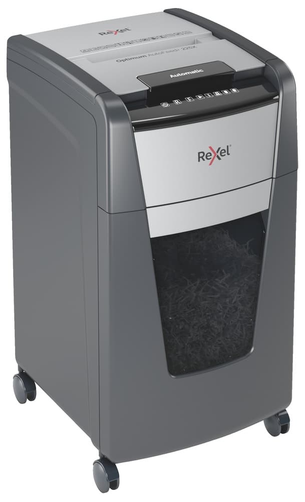 Distrugator automat documente Rexel OPTIMUM 225X, 225 coli, P4, cross-cut (tip confeti), cos 60 litri, negru-gri, "2020225XEU" — miniatură
