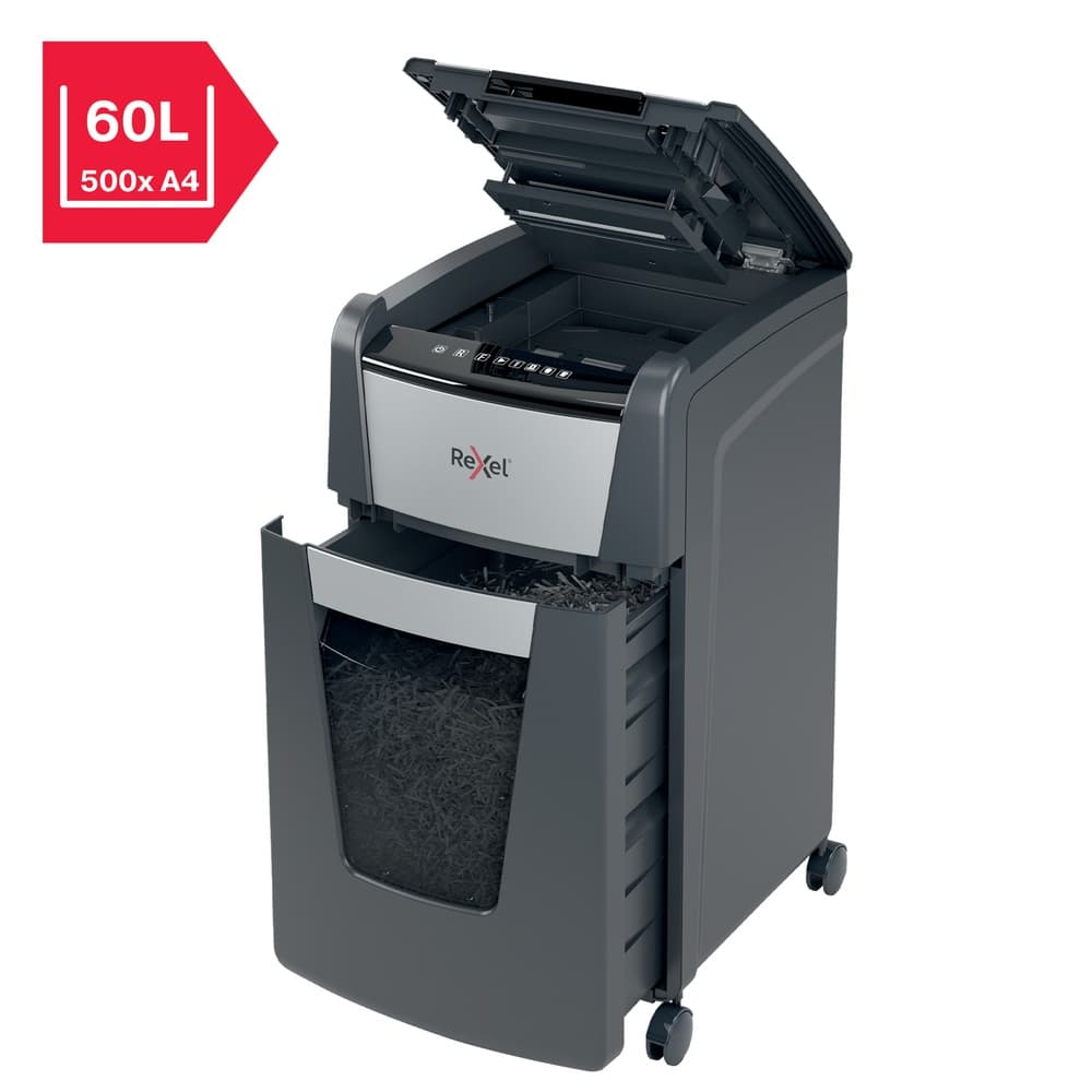 Distrugator automat documente Rexel OPTIMUM 225X, 225 coli, P4, cross-cut (tip confeti), cos 60 litri, negru-gri, "2020225XEU" — miniatură