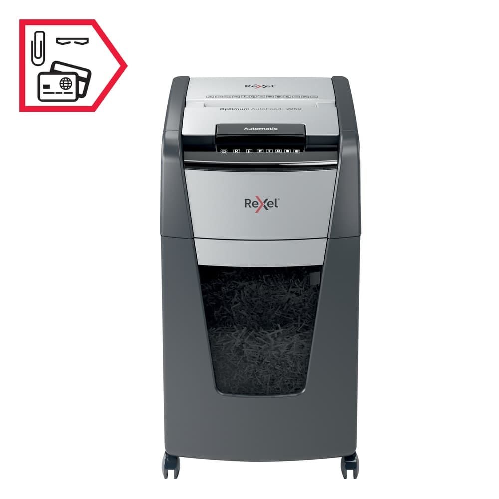 Distrugator automat documente Rexel OPTIMUM 225X, 225 coli, P4, cross-cut (tip confeti), cos 60 litri, negru-gri, "2020225XEU" — miniatură