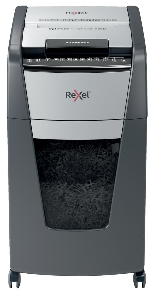 Distrugator automat documente Rexel OPTIMUM 300M, 300 coli, P5, micro-cut (tip particule), cos 60 litri, negru-gri, "2020300MEU" — miniatură
