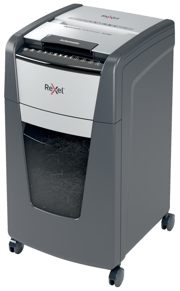 Distrugator automat documente Rexel OPTIMUM 300M, 300 coli, P5, micro-cut (tip particule), cos 60 litri, negru-gri, "2020300MEU"