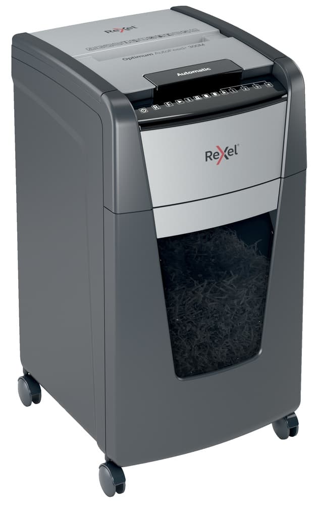 Distrugator automat documente Rexel OPTIMUM 300M, 300 coli, P5, micro-cut (tip particule), cos 60 litri, negru-gri, "2020300MEU" — miniatură