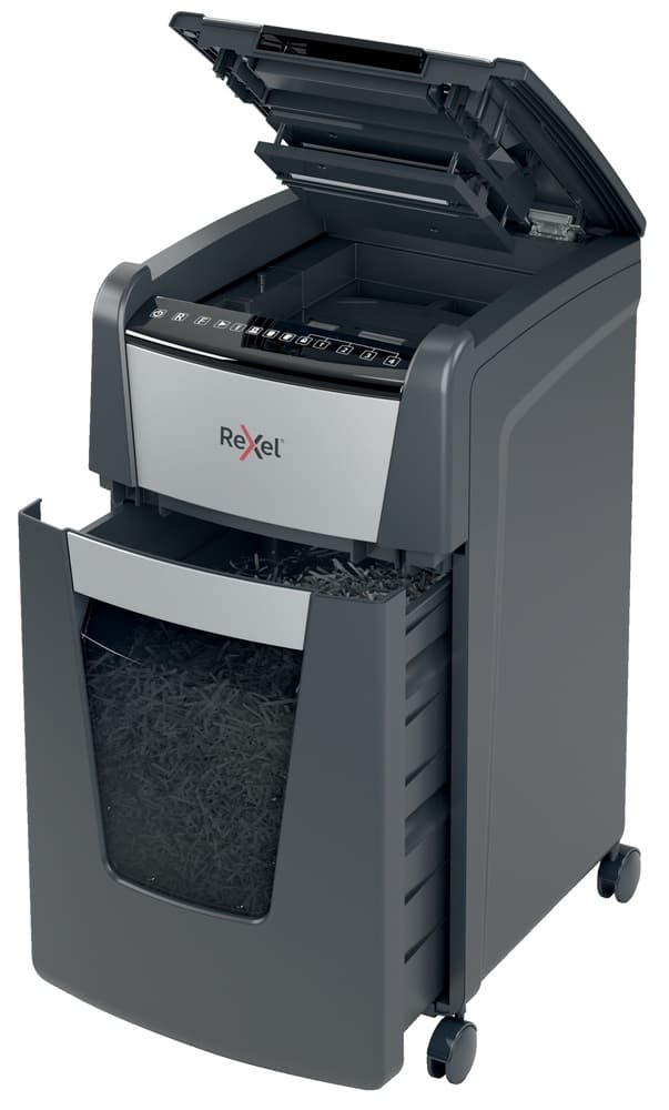Distrugator automat documente Rexel OPTIMUM 300M, 300 coli, P5, micro-cut (tip particule), cos 60 litri, negru-gri, "2020300MEU" — miniatură
