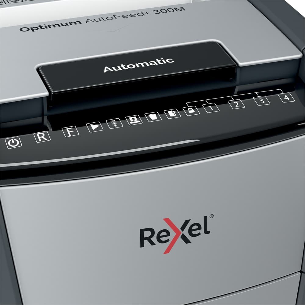 Distrugator automat documente Rexel OPTIMUM 300M, 300 coli, P5, micro-cut (tip particule), cos 60 litri, negru-gri, "2020300MEU" — miniatură