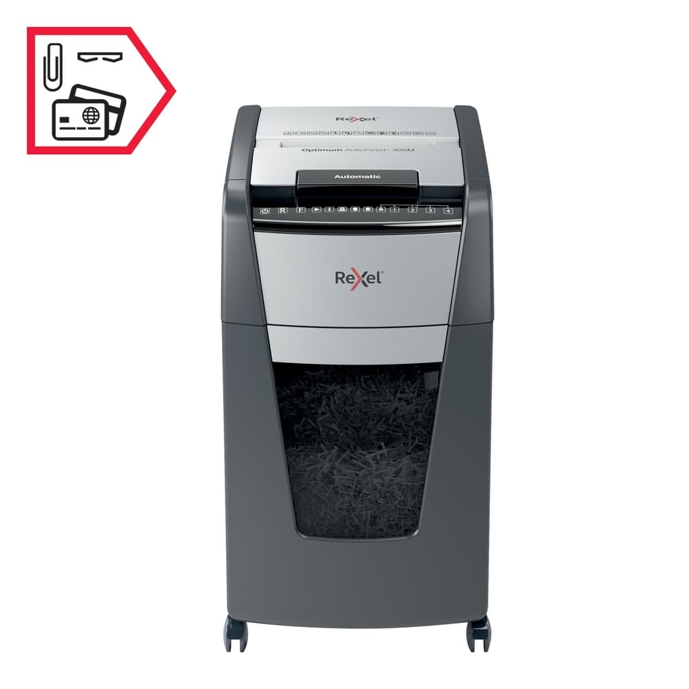 Distrugator automat documente Rexel OPTIMUM 300M, 300 coli, P5, micro-cut (tip particule), cos 60 litri, negru-gri, "2020300MEU" — miniatură