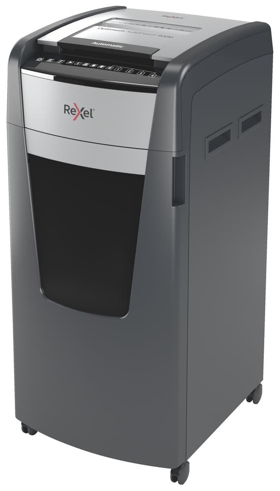 Distrugator automat documente Rexel OPTIMUM 600M, 600 coli, P5, micro-cut (tip particule), cos 110 litri, negru-gri, "2020600MEU"