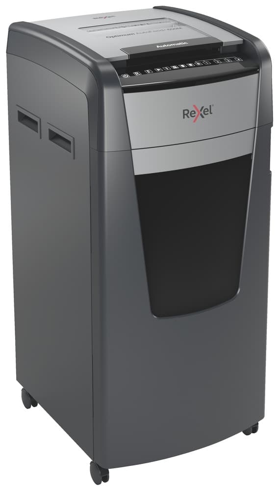 Distrugator automat documente Rexel OPTIMUM 600M, 600 coli, P5, micro-cut (tip particule), cos 110 litri, negru-gri, "2020600MEU" — miniatură