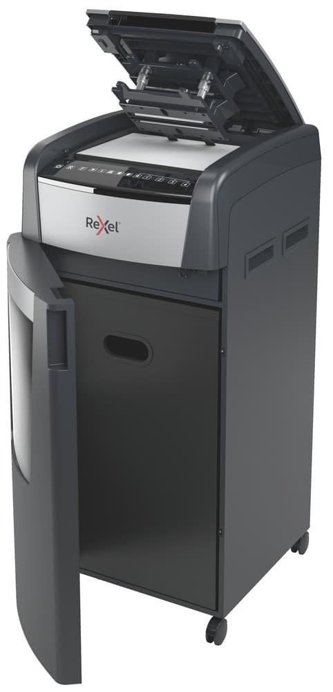 Distrugator automat documente Rexel OPTIMUM 600M, 600 coli, P5, micro-cut (tip particule), cos 110 litri, negru-gri, "2020600MEU" — miniatură