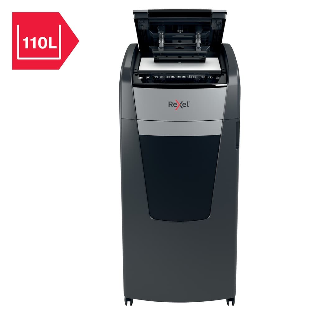 Distrugator automat documente Rexel OPTIMUM 600M, 600 coli, P5, micro-cut (tip particule), cos 110 litri, negru-gri, "2020600MEU" — miniatură