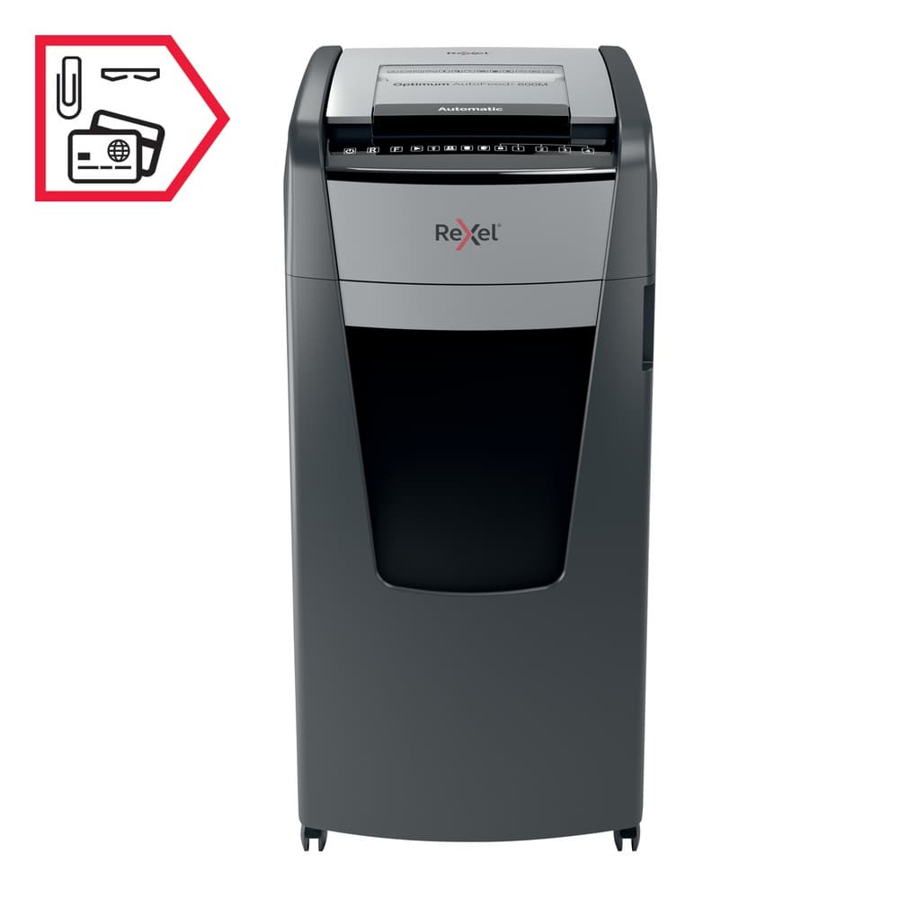 Distrugator automat documente Rexel OPTIMUM 600M, 600 coli, P5, micro-cut (tip particule), cos 110 litri, negru-gri, "2020600MEU" — miniatură