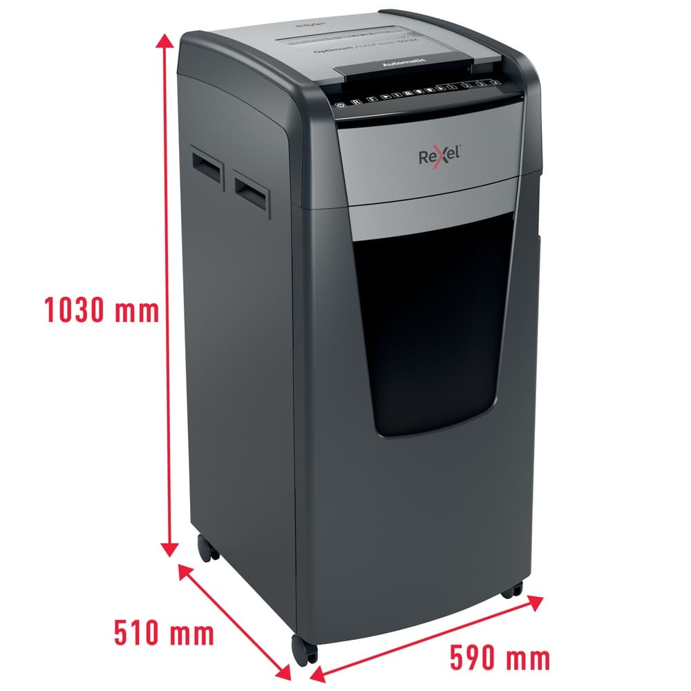 Distrugator automat documente Rexel OPTIMUM 600M, 600 coli, P5, micro-cut (tip particule), cos 110 litri, negru-gri, "2020600MEU" — miniatură