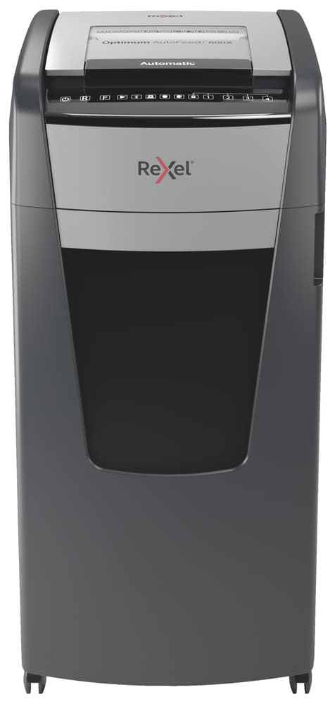 Distrugator automat documente Rexel OPTIMUM 600X, 600 coli, P4, cross-cut (tip confeti), cos 110 litri, negru-gri, "2020600XEU" — miniatură