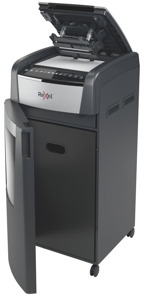 Distrugator automat documente Rexel OPTIMUM 600X, 600 coli, P4, cross-cut (tip confeti), cos 110 litri, negru-gri, "2020600XEU" — miniatură