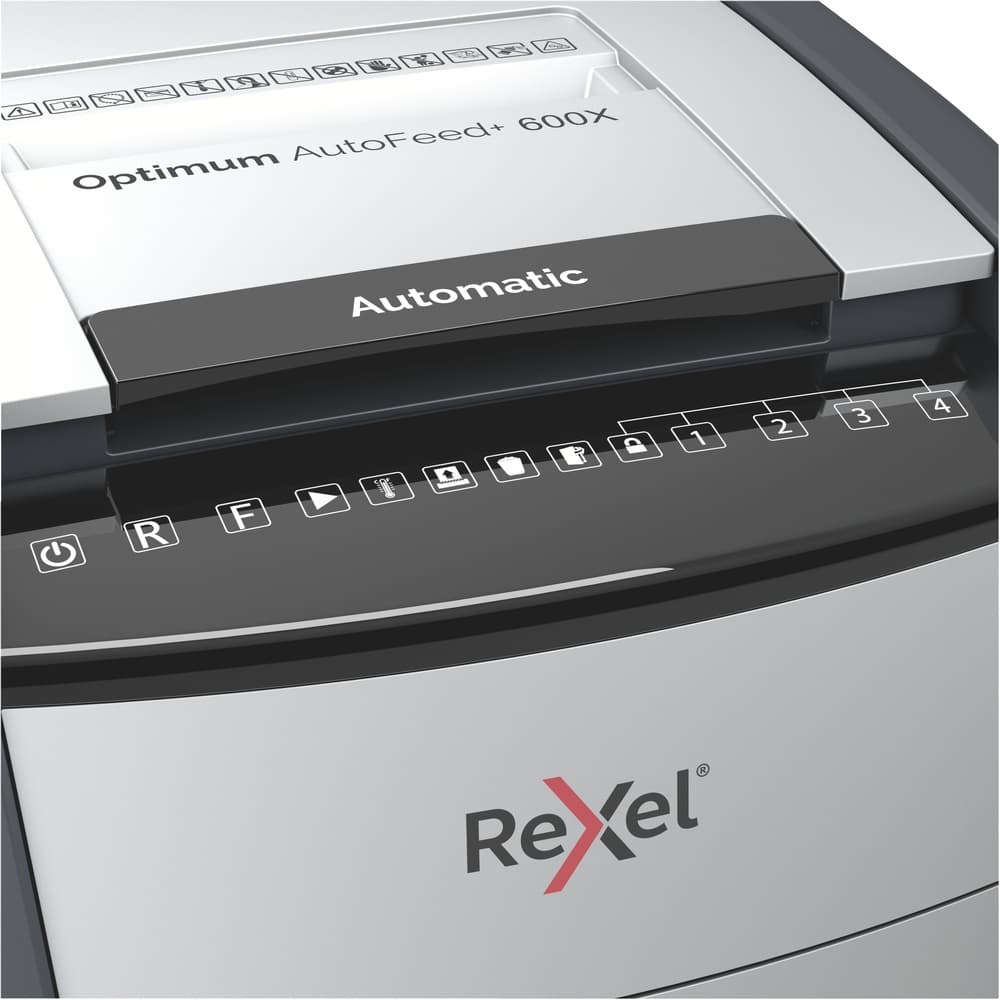 Distrugator automat documente Rexel OPTIMUM 600X, 600 coli, P4, cross-cut (tip confeti), cos 110 litri, negru-gri, "2020600XEU" — miniatură