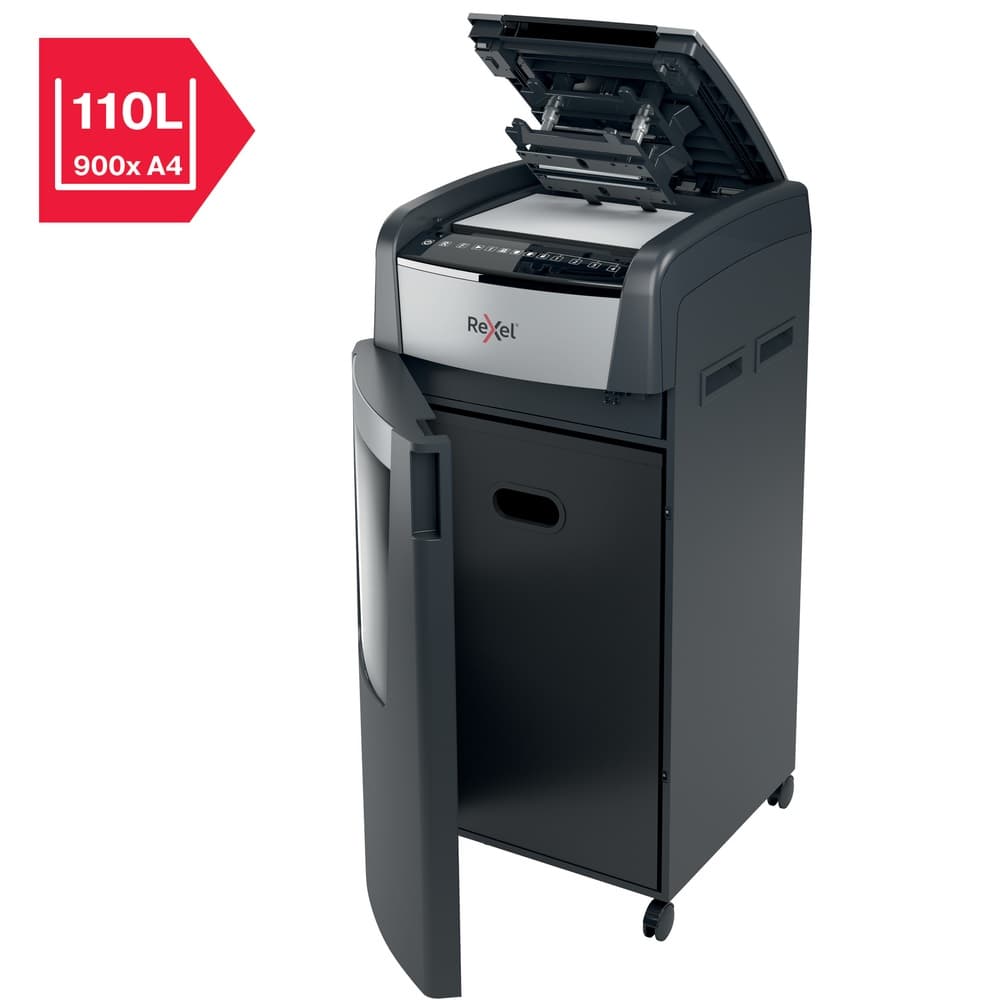 Distrugator automat documente Rexel OPTIMUM 600X, 600 coli, P4, cross-cut (tip confeti), cos 110 litri, negru-gri, "2020600XEU" — miniatură